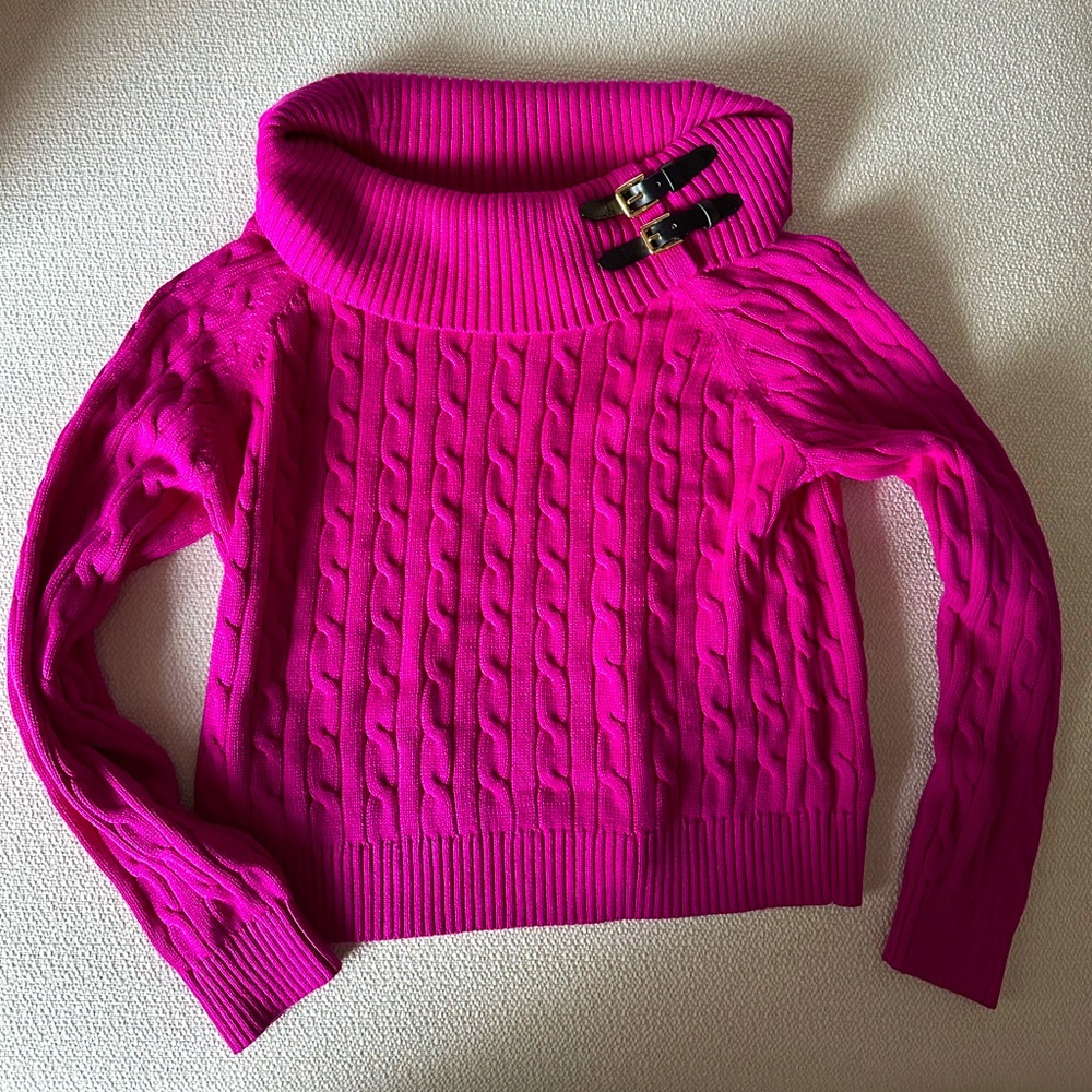 Ralph Lauren. NWT. Pink wide cowl neck sweater, leather buckle detail, Sz XL